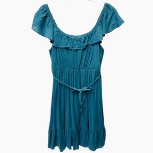 Old Navy Gauzy Knit Canopy Off Shoulder Ruffle Pleated Tiered Flare Midi Dress